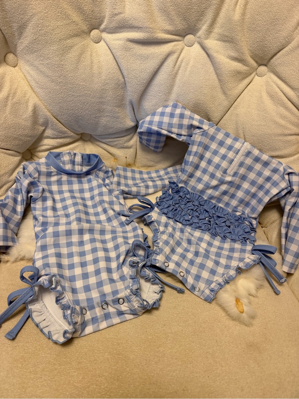 Kids Blue Gingham One-Piece Swimsuit with Ruffle Details